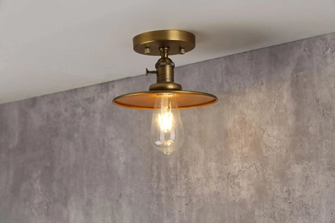 Vintage E26 Ceiling Light Fixture With Flat Metal Shade Hanging Pendant Semi Flush Mount Industrial Edison Style in room setting.