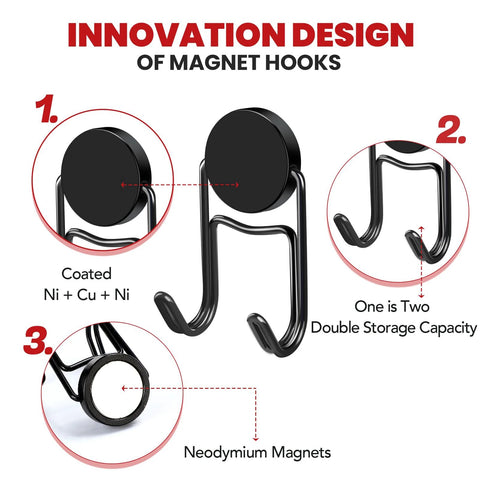 Heavy Duty Magnetic Hooks 50 Lbs Plus Set Of Four Swivel Hooks design showing Ni+Cu+Ni coating and neodymium magnets
