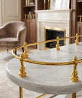 Mini Shelf Guard Rail Brackets Set for Glass Shelves and Mobile Carts Heavy Duty Metal Post Fittings in Gold Finish on marble shelf