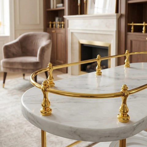 Gold Tone Gallery Rail Brackets With 6mm Hole Metal Spindles For Glass Shelf Guard Rail on marble table