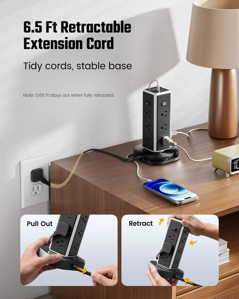 Image of Heavy Duty Tower Power Strip Game Changing Surge Protection With Retractable Cable, showing 6.5 ft cord and stable base.