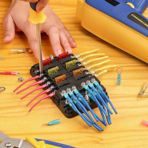 200-piece red heat shrink ring terminals, 1/4-inch, tinned copper, insulated crimp connectors on terminal block