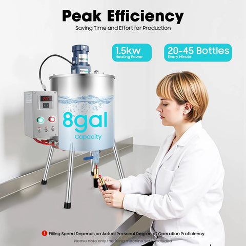 Person operating 30L Heating Mixing Filling Machine for paste, cream, lipstick, wax, candle gels with stainless steel stirring tank.
