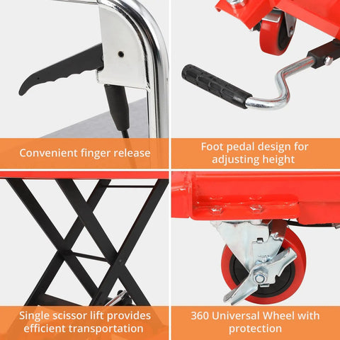Heavy Duty Hydraulic Lift Table Cart 500 Lb Capacity Single Scissor Pump with finger release, foot pedal and swivel wheels.