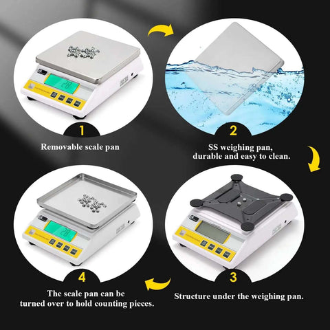 Digital Precision Lab Scale Ten Kilogram 0.1 Gram With 13 Unit Conversions showing stainless steel pan and LCD display