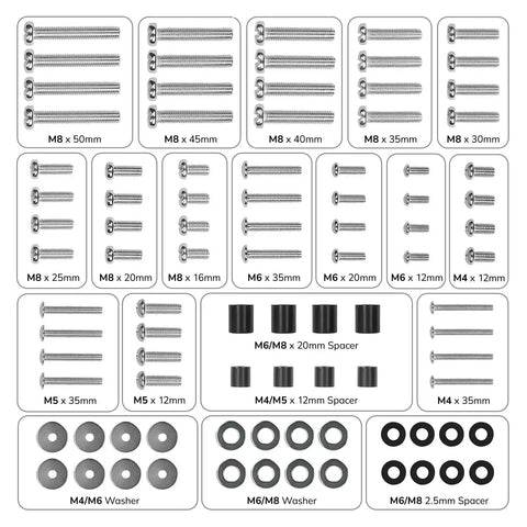 Top Shelf Universal TV Mount Hardware Kit Loaded With Premium Vesa Screws Security Washers And Precision Spacers for various sizes.