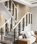 Rock Solid Steel Railing Posts With Adjustable Angle Brackets For Decks Stairs And Porches in modern indoor stairway setting.