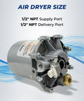 Air Dryer AD-9 Replacement For 109685 26QE377 109685X And More, showing connections for 1/2" NPT supply and delivery ports