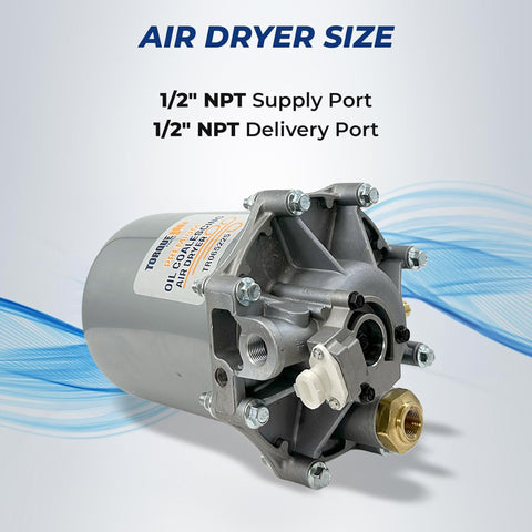 Air Dryer AD-9 Replacement For 109685 26QE377 109685X And More, showing connections for 1/2" NPT supply and delivery ports