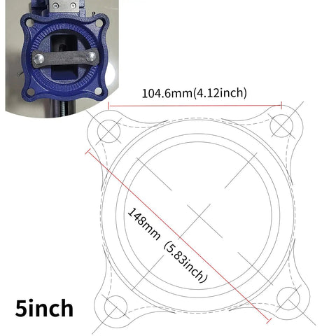 5 Inch Upgraded 360 Degree Positioning Bench Vise With 8800 Lb Clamp, Heavy Duty Ductile Iron Body, 60000 PSI Strength, Blue Powder Coat Finish, Zinc Plated Spare Parts, Precise Jaw And Rock Solid Grip. 5 inch mounting diagram with 104.6mm dimensions