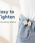 Premium Pearl Waist Adjustment Clips For Baggy Pants No Sew Button Fasteners discreetly holding baggy jeans at the waist.