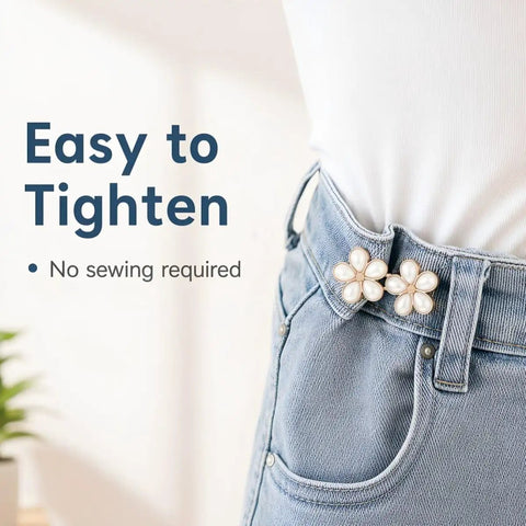 Premium Pearl Waist Adjustment Clips For Baggy Pants No Sew Button Fasteners discreetly holding baggy jeans at the waist.