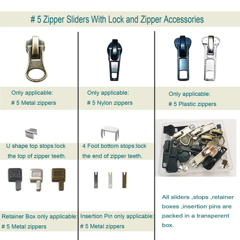 Zipper Repair Kit 39 Piece Set With Size Five Sliders And Pulls Metal Zippers Retainer Box Insertion Pins for DIY Fix