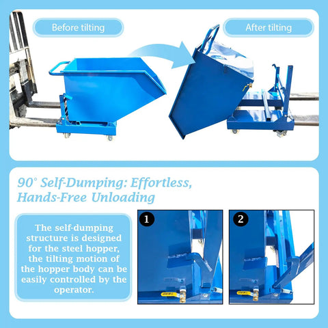 Heavy Duty Steel Self Dumping Hopper And Forklift Bin With Dual Brake Casters And Drain Valve, 2200 Lb Job Site Beast For Warehouse Hauling demonstrates tilting action.