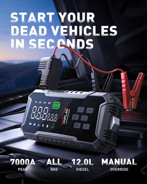 Turbo Boost Eight In One Car Jump Starter With Air Compressor And Power Bank, 7000A Jump Starter on car engine