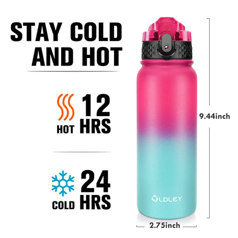 Amp Up Your Daily Grind With This 20 Oz Double Wall Insulated Stainless Steel Water Bottle Featuring a vibrant pink and blue design.
