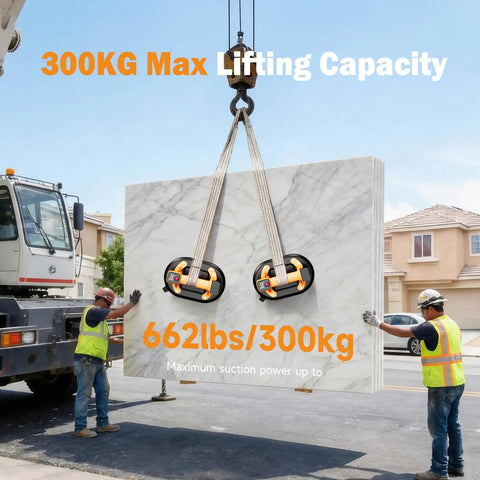 Two workers using TorqTac 10 Inch Electric Vacuum Suction Cup Lifter With 662 Lbs Heavy Duty Load Capacity to handle stone slab.