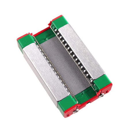 MGN12H block from 450mm linear rail kit for DIY CNC with precise motion, shows metal bearings and colorful ends, 8mm height.