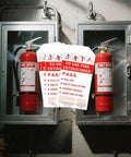 100 Pcs Monthly Fire Extinguisher Inspection Tags With Clear Readable Records, 4 Year Coverage 2024 To 2027, displayed between two extinguishers
