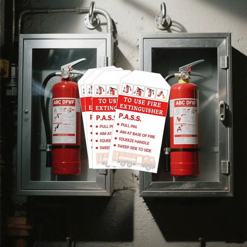 100 Pcs Monthly Fire Extinguisher Inspection Tags With Clear Readable Records, 4 Year Coverage 2024 To 2027, displayed between two extinguishers