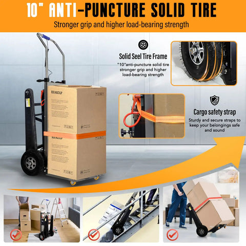 Heavy Duty Electric Stair Climbing Dolly 661Lb Capacity 600W Motor Powered Hand Truck Cart With Rubber Tracks and Foldable Toe Plate Ergonomic Design for smooth moving with solid tire and safety strap.