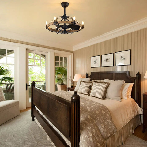 Industrial Caged Ceiling Fan With Lights And Remote Dope Black Eight Blade Fandelier in modern bedroom setting.