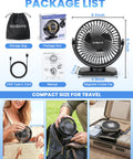 Package components of Cruise Ready Magnetic Fan With 12,000mAh Battery, 3 speed cabin cooler, USB-C cord, storage bag, manual.