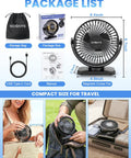 Package contents of Magnetic Cruise Approved Travel Fan With 12000mAh Battery, 3 Speeds, Timer, Led Lights, Power Output.