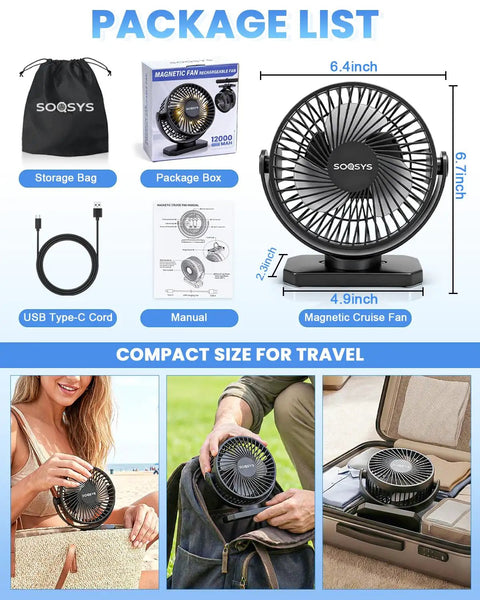 Package contents of Magnetic Cruise Approved Travel Fan With 12000mAh Battery, 3 Speeds, Timer, Led Lights, Power Output.