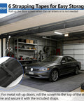 Heavy Duty Garage Door Screen 16 By 7 Feet For A 2 Car Garage With Magnetic Closure shown rolled up alongside a parked car