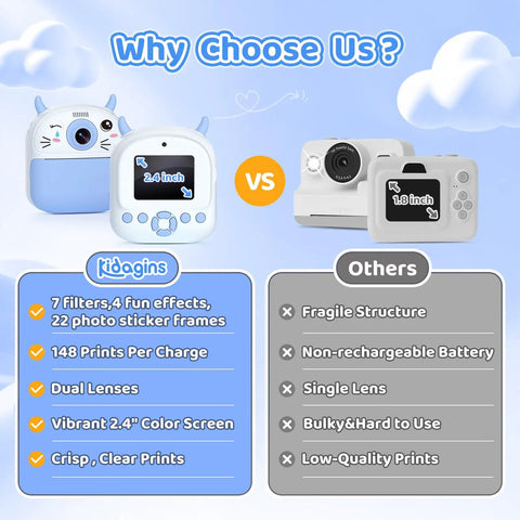 Kids Camera Instant Print 1080P Video 2.4 Inch Screen Selfie Digital Camera For Ages 3 To 12 Instant Black And White Photos Plus Color Save On SD Card Blue Gift For Boys And Girls front view with 2.4-inch screen
