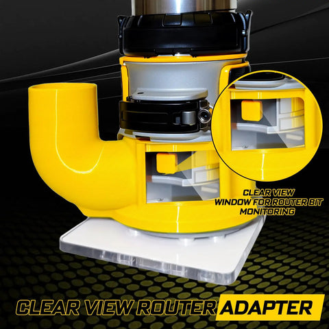 Clear view of dust extraction hose adapter for 27mm hose with tool free snap on design, showing router bit monitoring window.