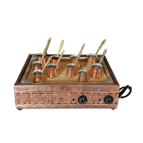 Authentic Turkish Copper Electric Hot Sand Coffee Maker Heater For Ottoman Style Use 110V 220V Dual Voltage Includes Ten Turkish Coffee Pots Durable Copper Finish Makes It A Showpiece For Your Kitchen And Cafe