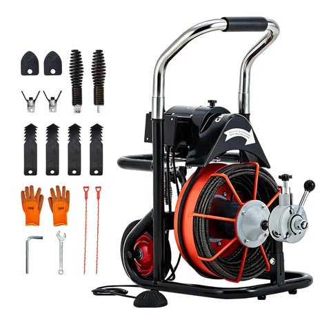 Heavy Duty Electric Drain Auger With Auto Feed And 100 Ft Steel Cable For Clearing Stubborn Sink Toilet And Floor Drain Clogs Fast with accessories.