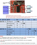 Diagram showing Dual H Bridge DC Stepper Driver Module 1.5A Per Channel 2 Way 4 Wire Stepper Or Two DC Motors connections and components.