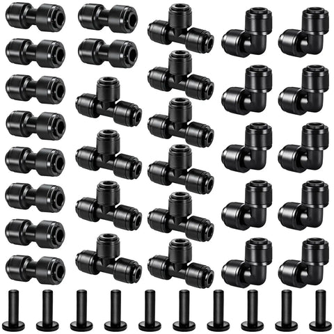 1/4 Inch Drip Irrigation Fittings Kit 40-Piece Go-To Set Push-To-Fit Connectors for garden tubing shown with tees, elbows, end caps.