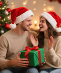 A cheerful couple wearing Santa hats exchanging a green gift with a red ribbon in front of a decorated Christmas tree.