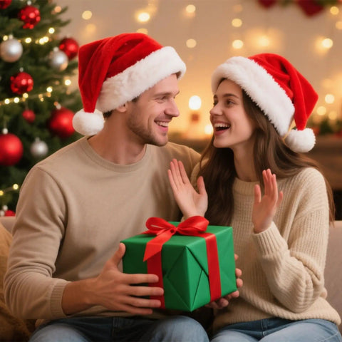 A cheerful couple wearing Santa hats exchanging a green gift with a red ribbon in front of a decorated Christmas tree.
