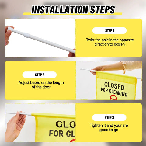 Installation steps for a Restroom Closed For Cleaning Sign English And Spanish Hanging Doorway Safety Sign Yellow 30 to 53 Inch