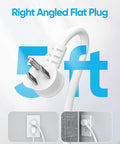 Right-angled ultra slim power strip plug with five foot cord, shows flat design for easy wall fit.