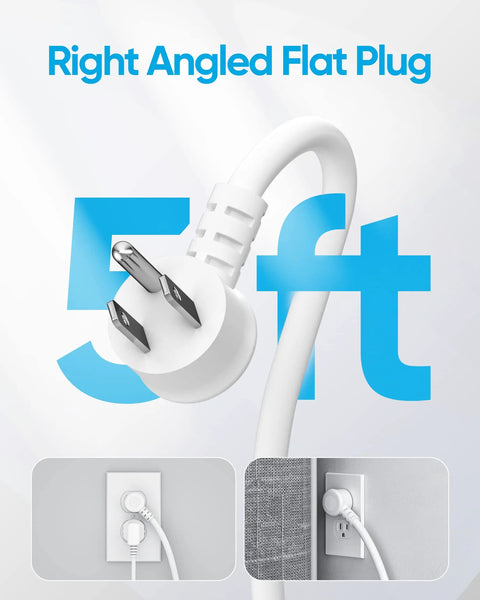 Right-angled ultra slim power strip plug with five foot cord, shows flat design for easy wall fit.