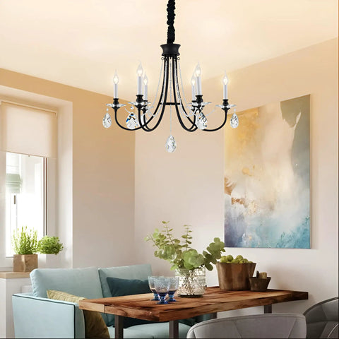 6 Light Black Crystal Chandelier With Chic Farmhouse Rustic Black Metal Frame And Adjustable Chain in Dining Room