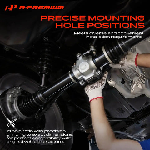 Image showing installation of Heavy Duty Power Steering Gearbox Direct Fit Replacement Chevy Silverado Tahoe GMC Sierra Cadillac Escalade with precise hole positions.