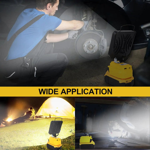 Rechargeable LED Work Light 100W Beast Bright Floodlight in use at garage and camping site with stand for versatile lighting.