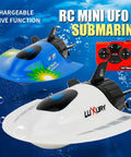 Blue and white Mini RC Submarine Boat Remote Control Waterproof Diving Toy for Kids Ages Five and Up Easy to Learn Realistic Ocean Explorer