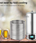 304 stainless steel tubing coil, 3/8 in x 50 ft, front view, with immersion heater for beer brewing.
