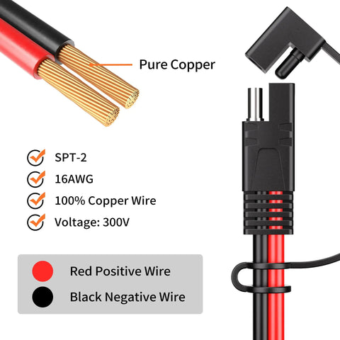 Straight Up Heavy Duty Sae Extension Cable 12 Foot With 16Awg Thick Core Wiring, Pure copper wires with waterproof connectors.