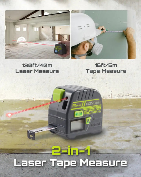 Two In One Laser Tape Measure With 130Ft Laser Range And 16Ft Tape, Digital Laser Meter With M In Ft Ft In Units, LCD Display, Self Locking Tape, Belt Clip For Quick, Accurate DIY And Professional Jobs on workbench