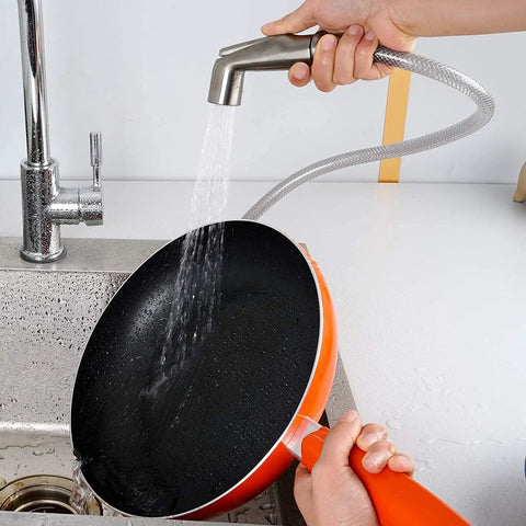 Versatile Kitchen Sink Side Sprayer with Quick Connector 1/4 Inch Female Thread Hose Fitting Brushed Nickel in use cleaning pan