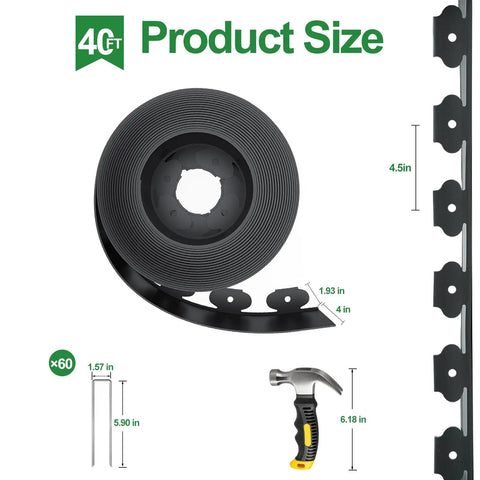 Flexible No Dig Landscape Edging Kit 4 In By 40 Ft With 60 Galvanized Steel Stakes And Hammer, showing product size and dimensions.